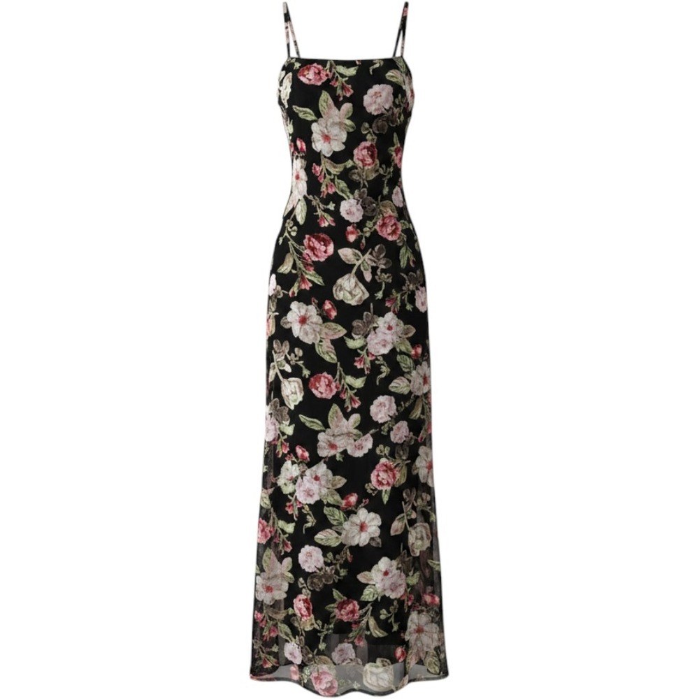 Lulus Black Velvet Burnout Floral Mesh Maxi Slip Dress Slit Spaghetti Strap S